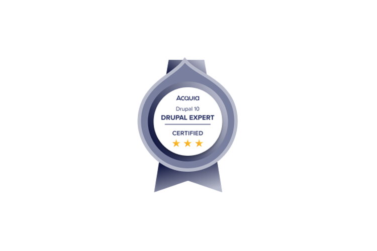 The official badge awarded by Drupal. It reads "Acquia Drupal 10 Drupal Expert – Certified" and has three gold stars