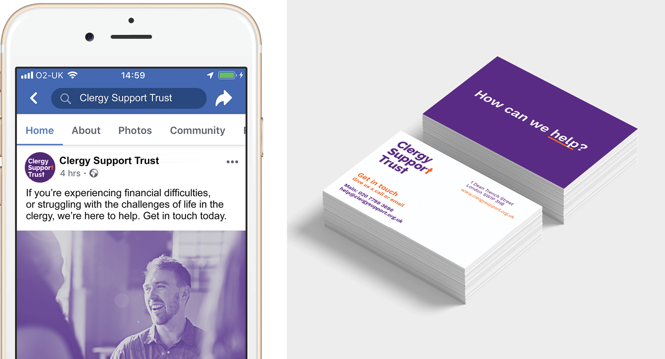 Clergy Support Trust brand shown on social and business card