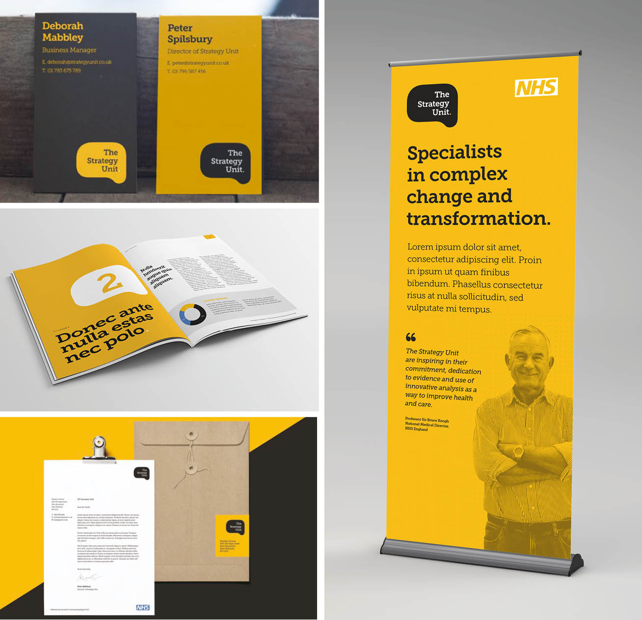 The Strategy Unit branded business cards, report layout, letterhead and banner stand