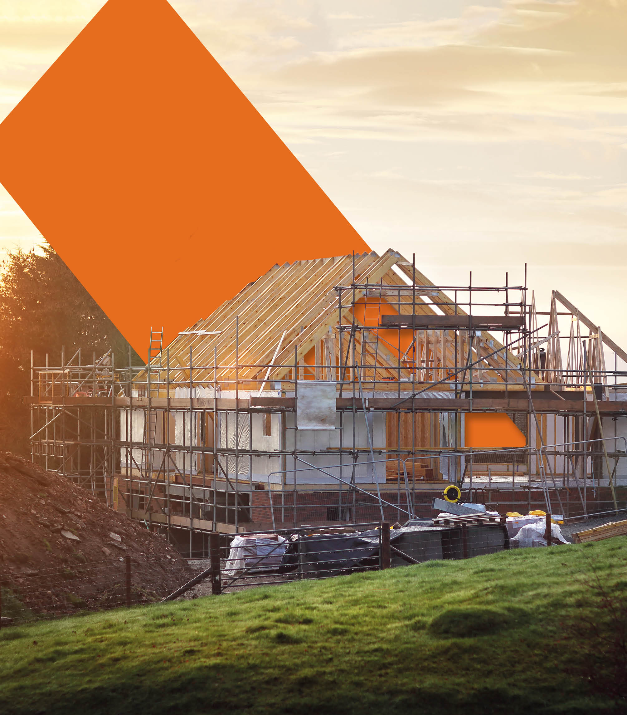 LABC brand image showing orange geometric shapes from the logo as part of a house construction site