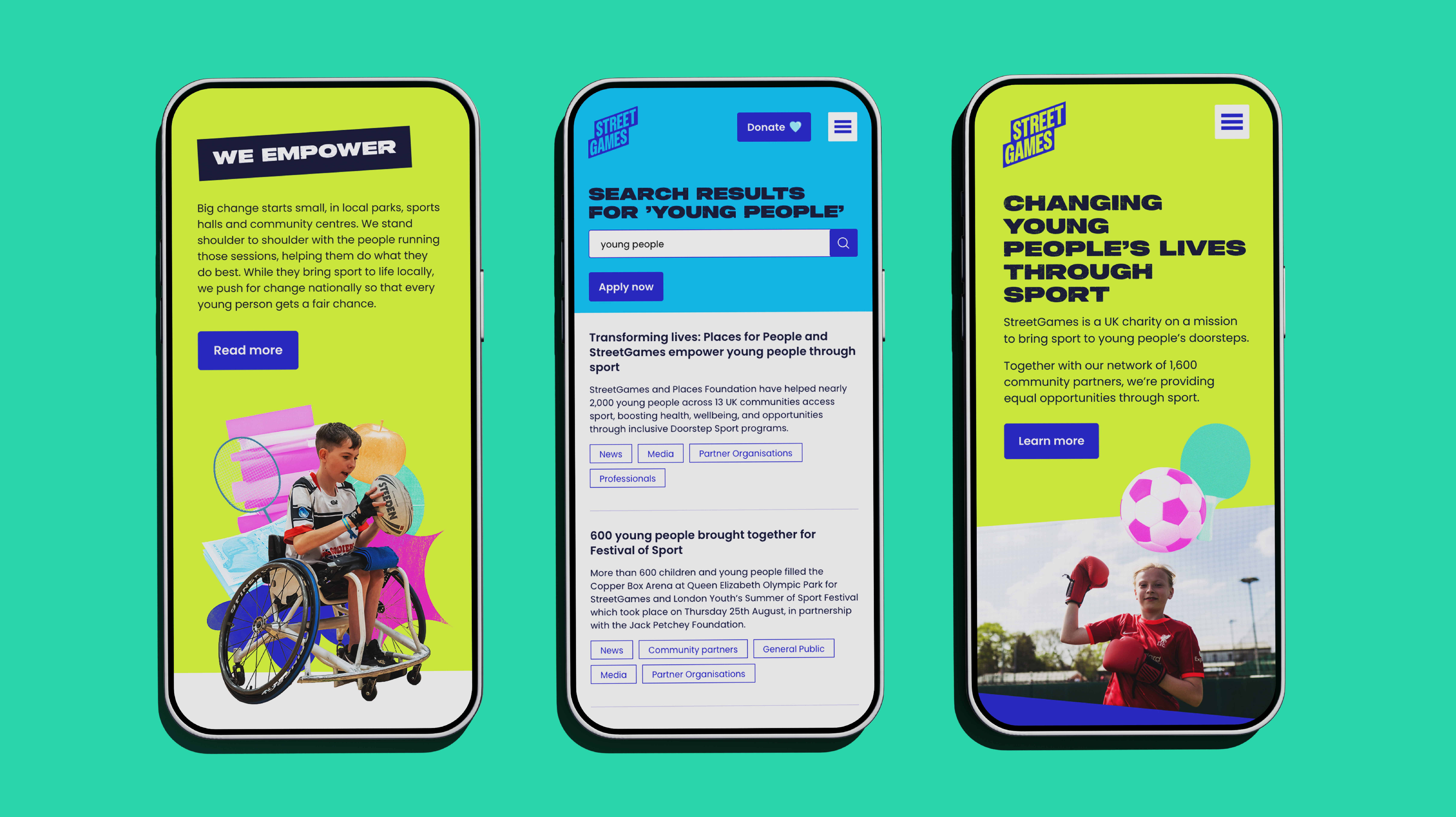Mobiles showing a call to action, search and the streetgames website homepage