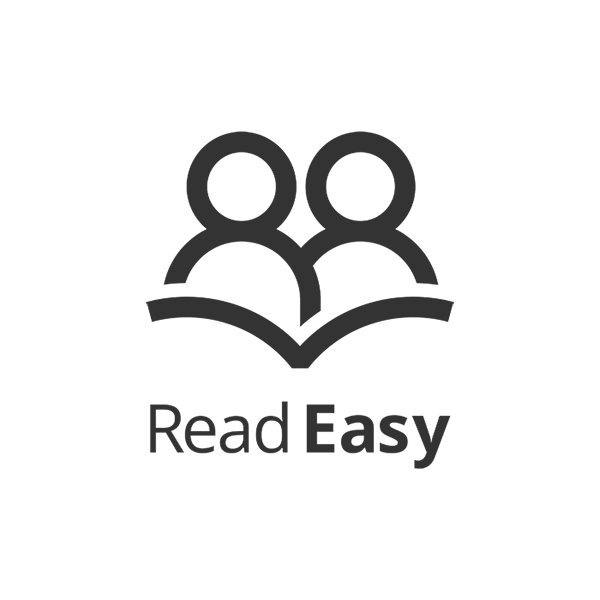 Read Easy logo with icon representing two people looking at a book. In dark grey