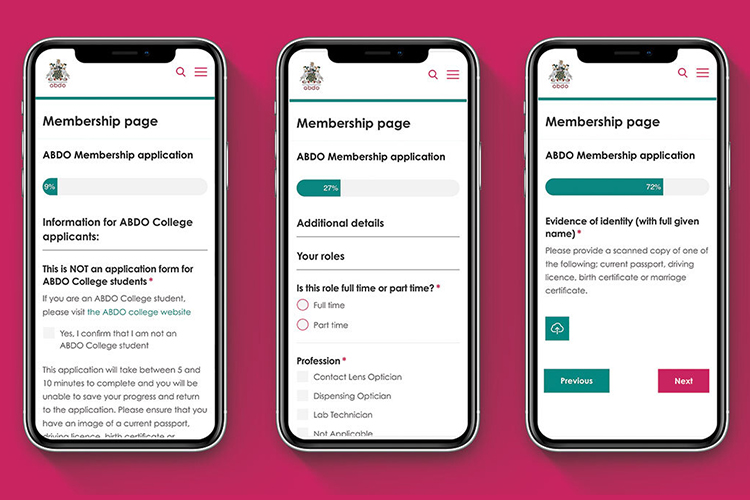 Three mobile phones side by side, showing the ABDO membership application process 