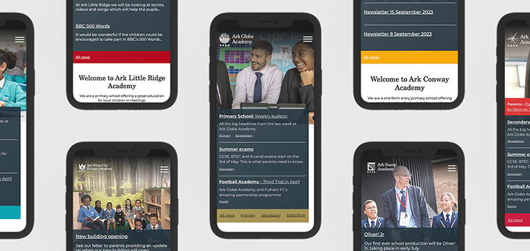 Mobile phone screens showing a range of school websites with different colours, photography and logos