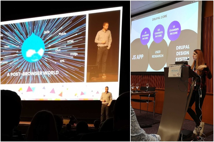 Dries Buytaert, founder of Drupal talking about a post-browser world and Cristina Chumillas talking about the future of the Drupal Admin User Interface