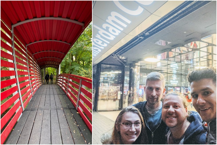Joelle, Nathan, Eli and Ed at DrupalCon Amsterdam, and a view as they walk from the hotel to the venue