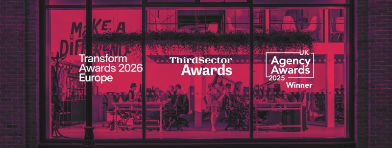 A photo of our studio with logos for Transform, Agency and Third Sector awards