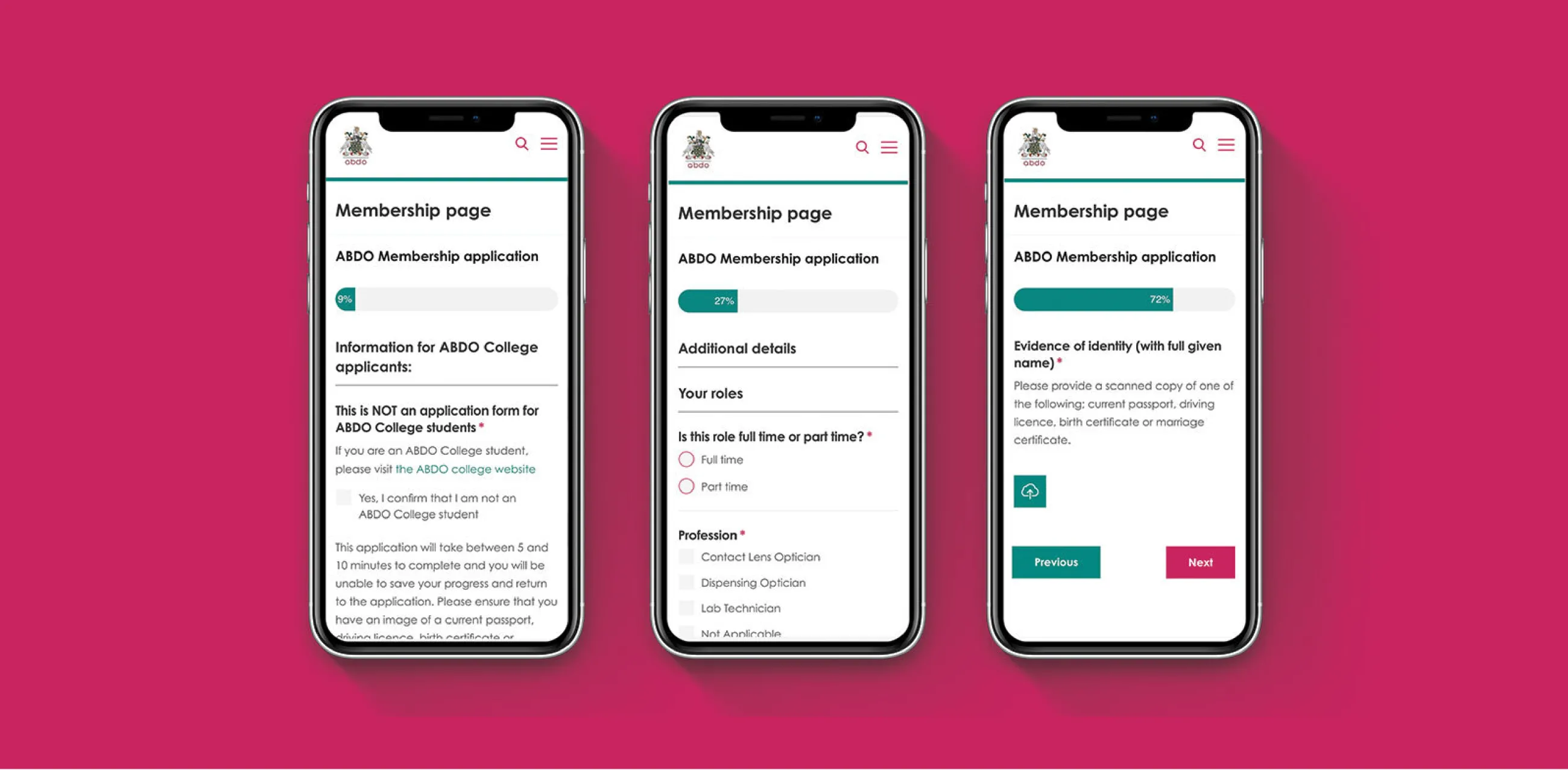 The ABDO membership application process shown in three stages on mobile phone screens – including qualifying questions and place to upload evidence of identity