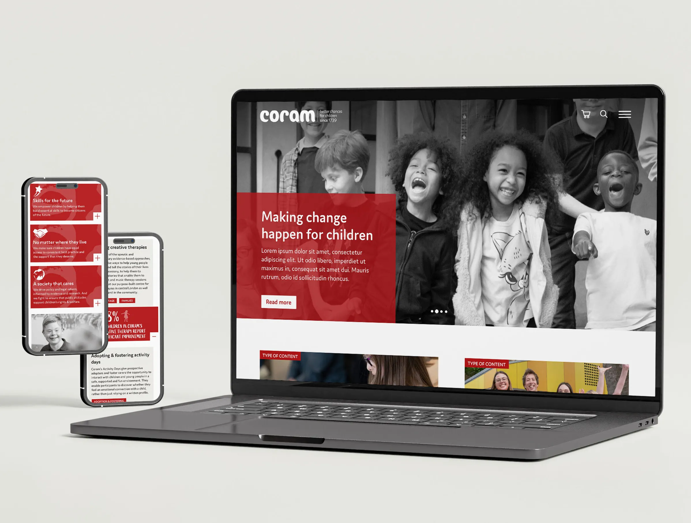 Coram website shown on a laptop and a phone screen