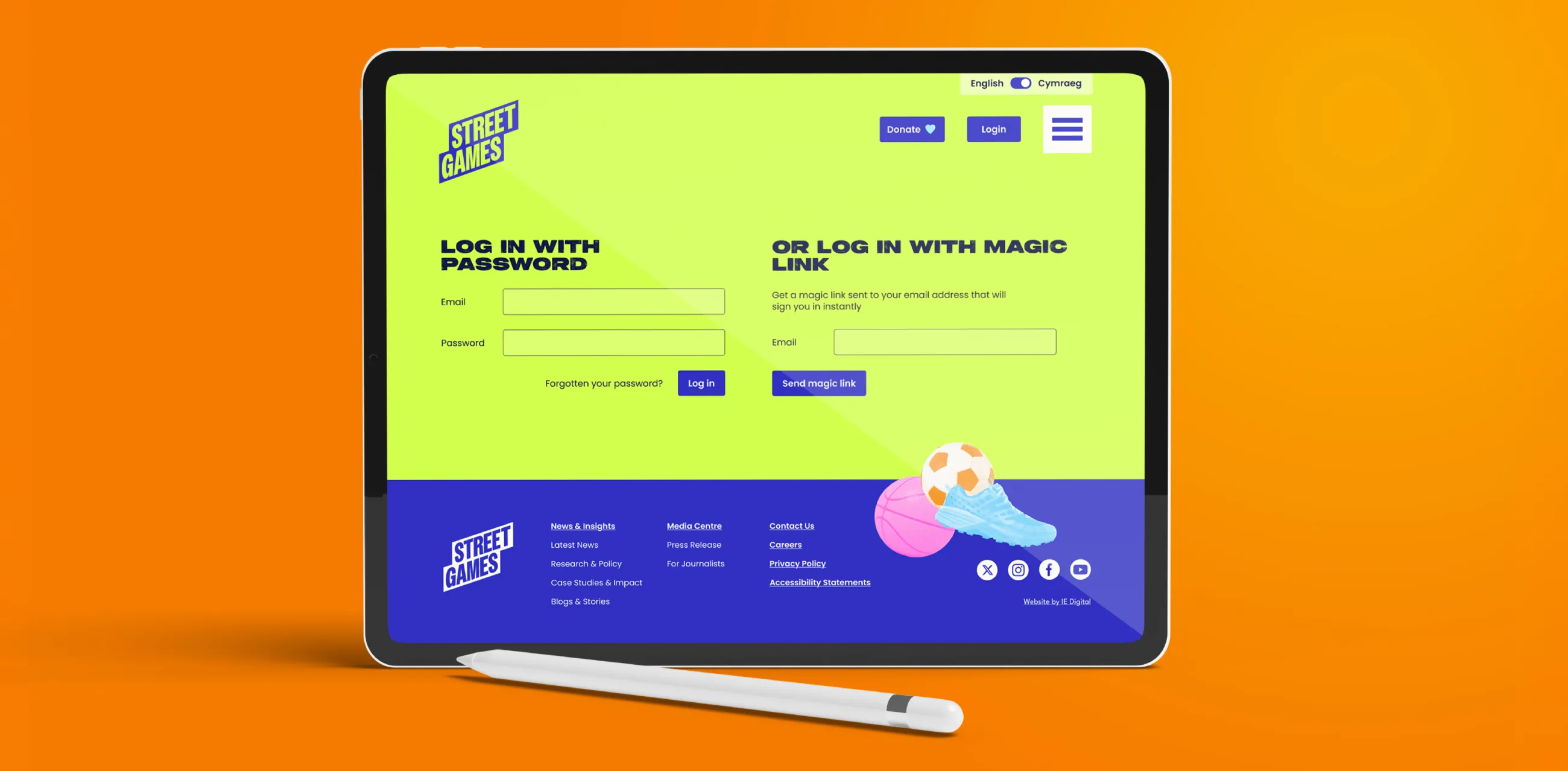 Website on ipad showing the login page